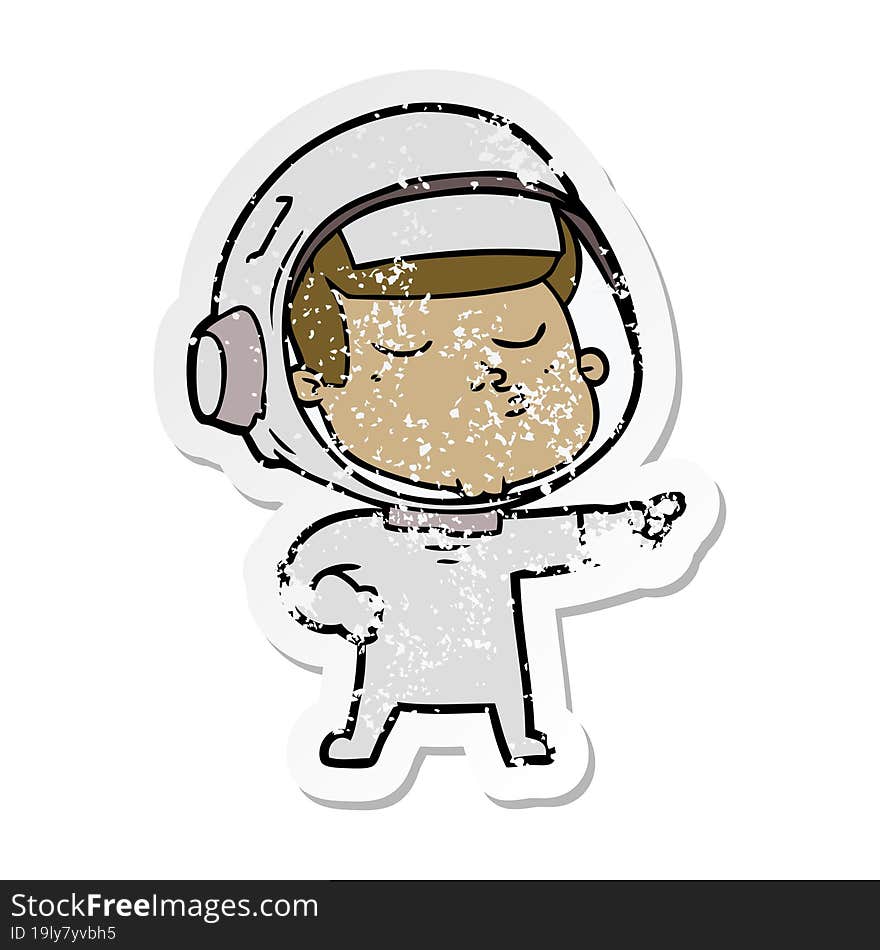 distressed sticker of a cartoon confident astronaut