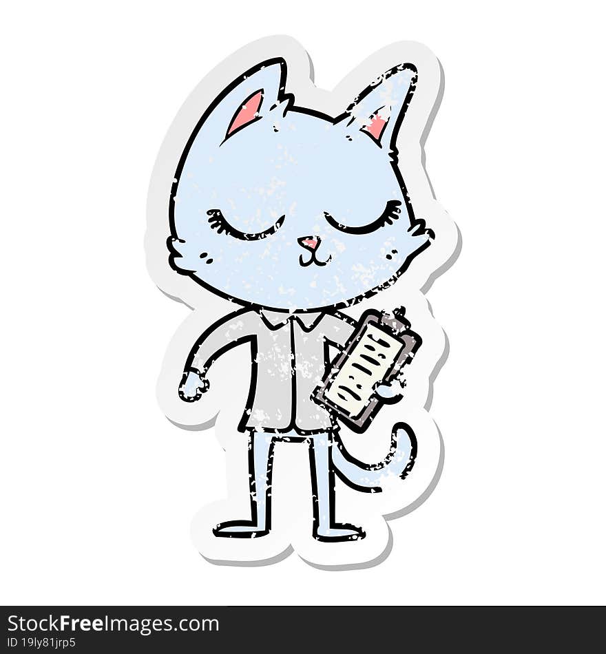 distressed sticker of a calm cartoon cat with clipboard