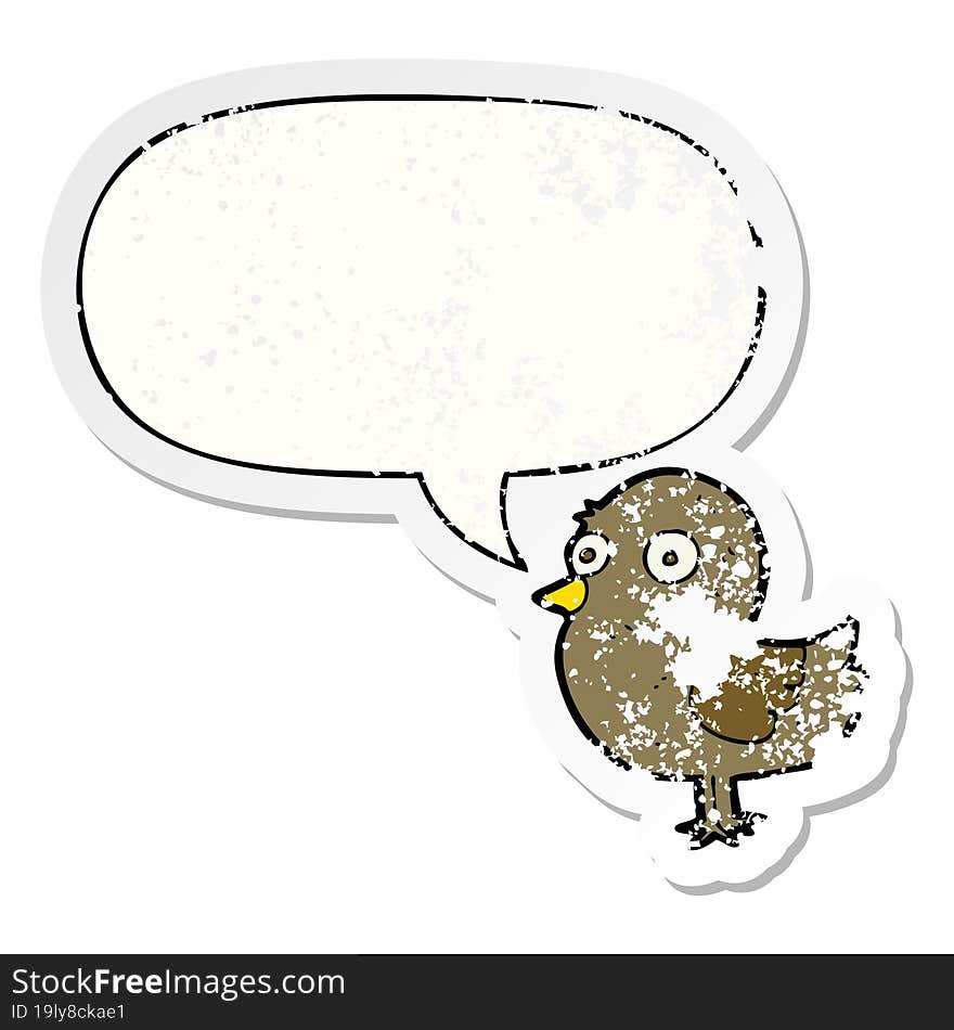 cartoon bird with speech bubble distressed distressed old sticker. cartoon bird with speech bubble distressed distressed old sticker