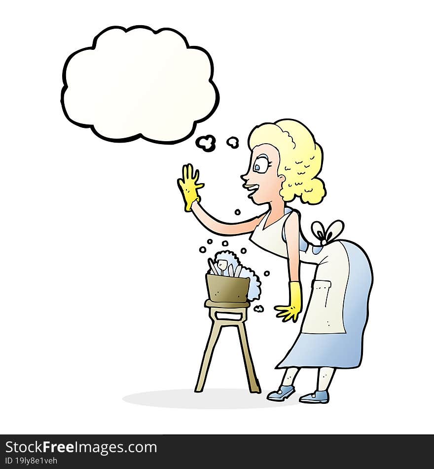 cartoon housewife washing up with thought bubble