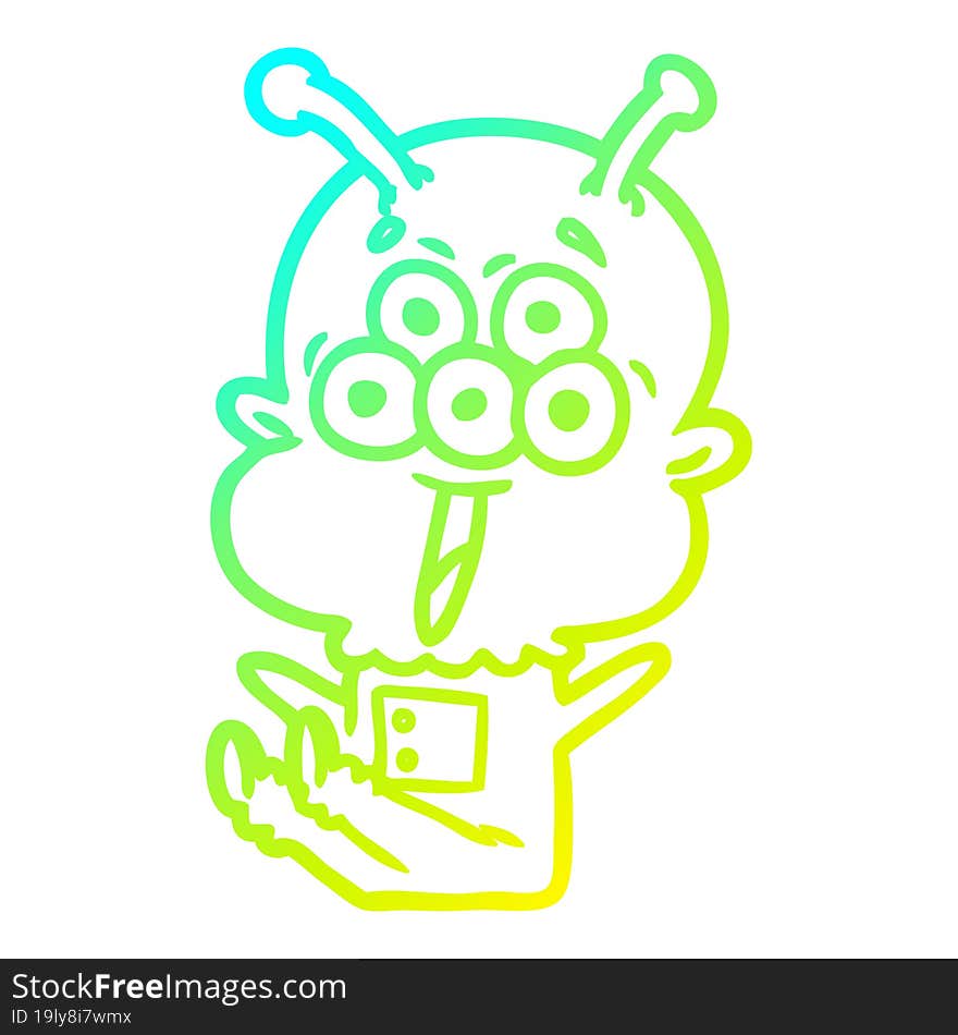 cold gradient line drawing of a happy cartoon alien