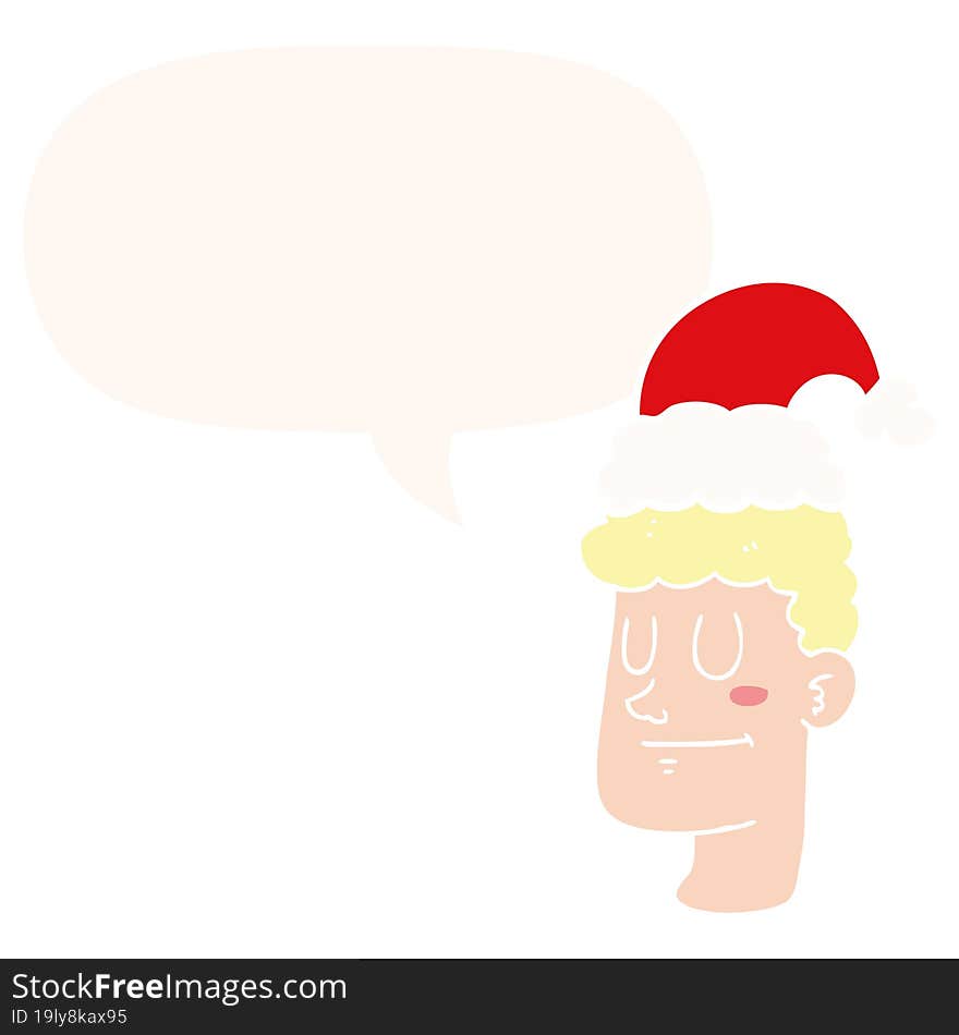 cartoon man wearing christmas hat and speech bubble in retro style