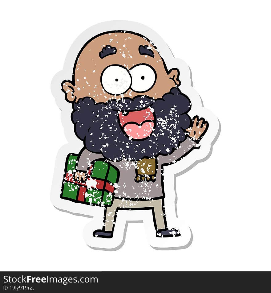 distressed sticker of a cartoon crazy happy man with beard and gift under arm