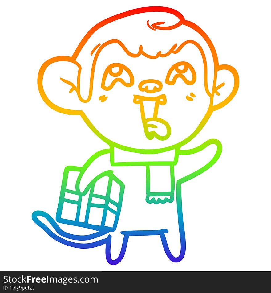 rainbow gradient line drawing crazy cartoon monkey with christmas present