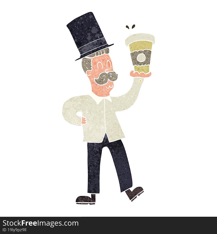 freehand retro cartoon man with coffee cup