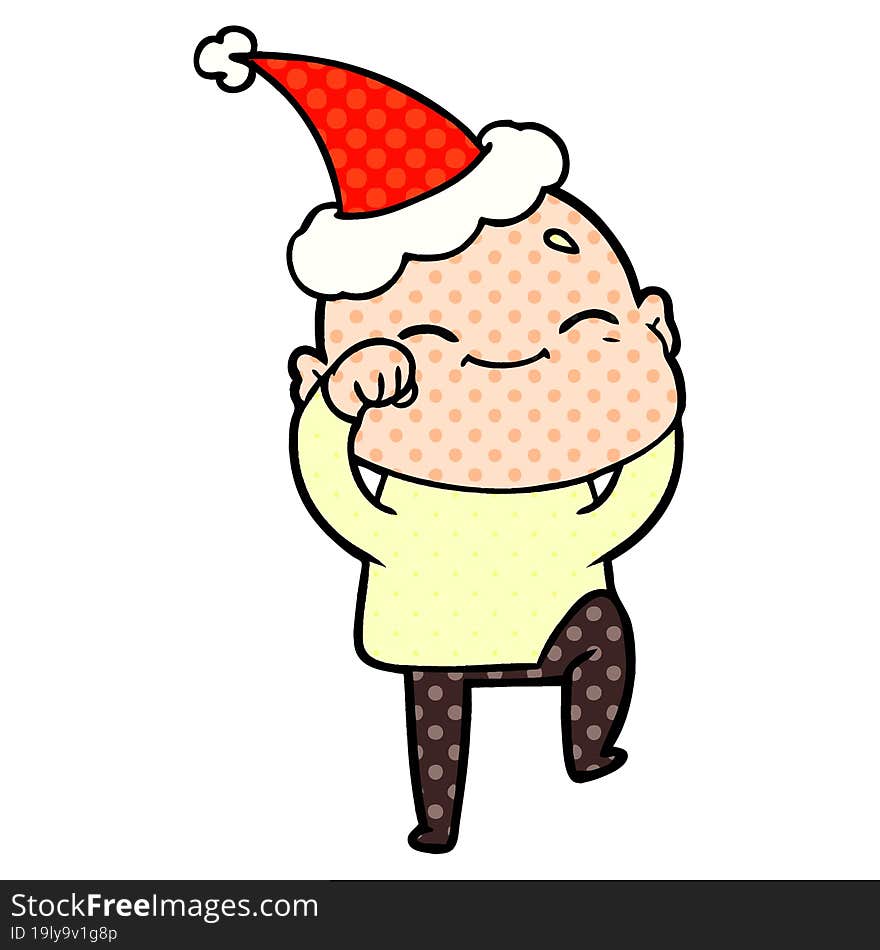 happy comic book style illustration of a bald man wearing santa hat