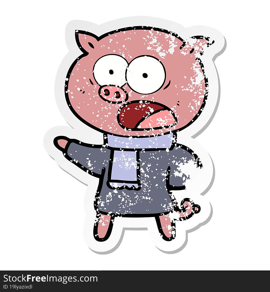 distressed sticker of a cartoon pig shouting