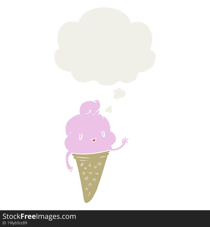 cute cartoon ice cream and thought bubble in retro style