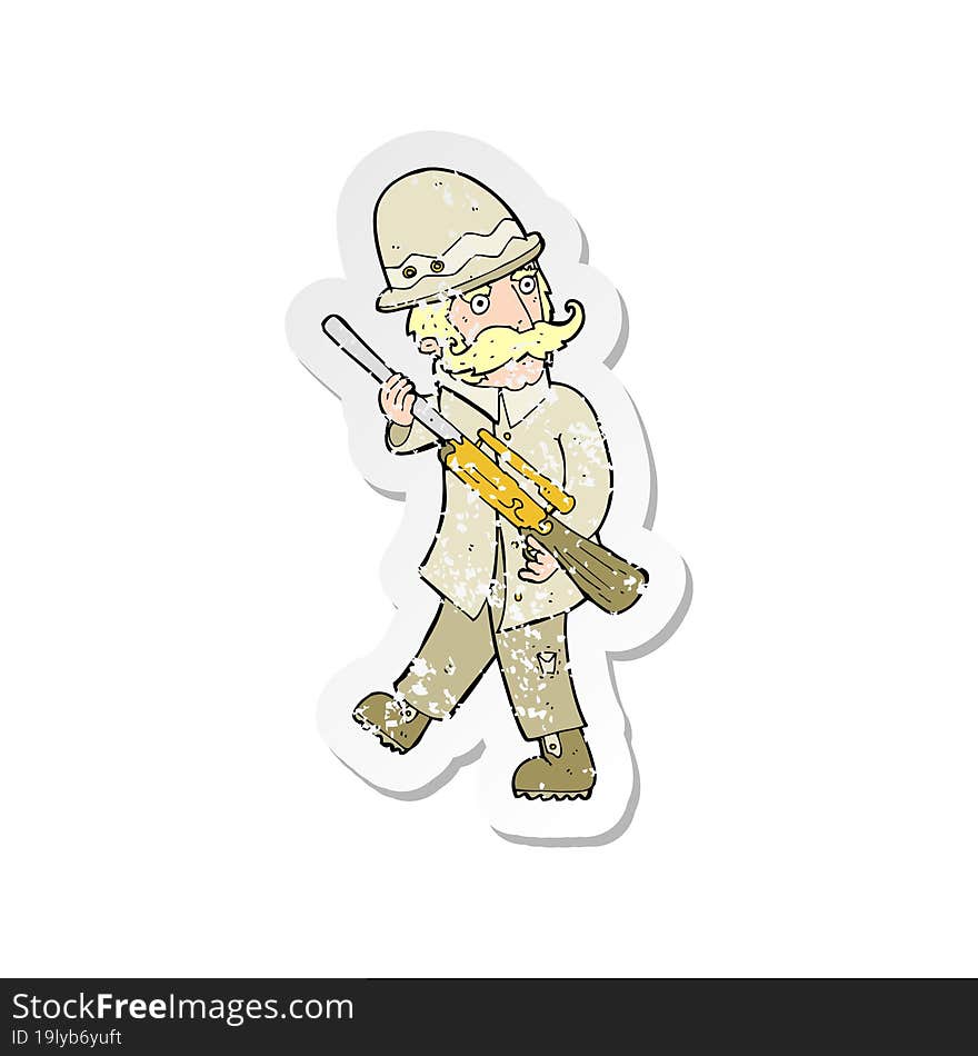 retro distressed sticker of a cartoon big game hunter