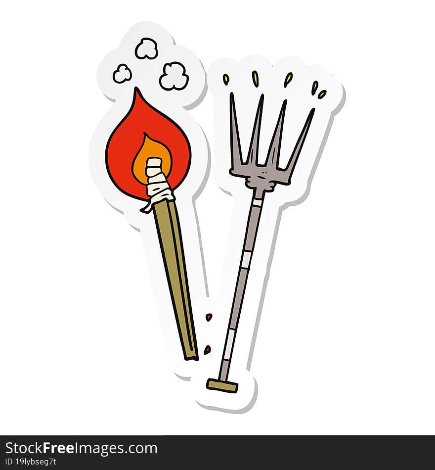 sticker of a cartoon pitchfork and burning brand