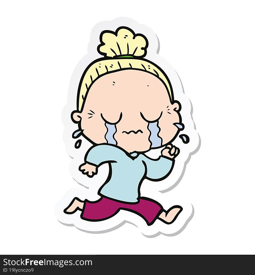 sticker of a cartoon crying old lady