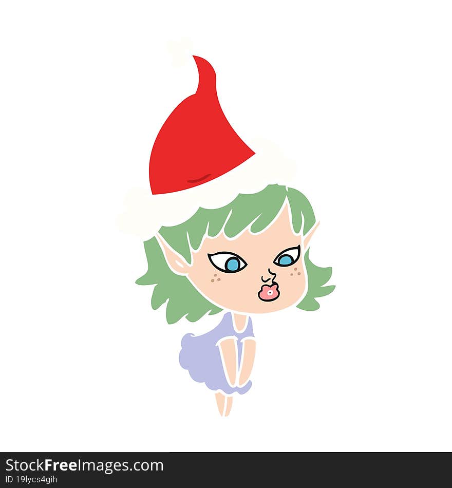 pretty flat color illustration of a elf girl wearing santa hat