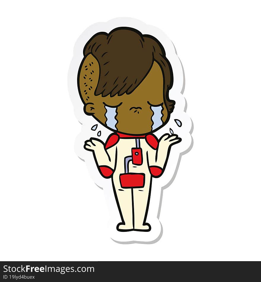 sticker of a cartoon crying girl wearing space clothes