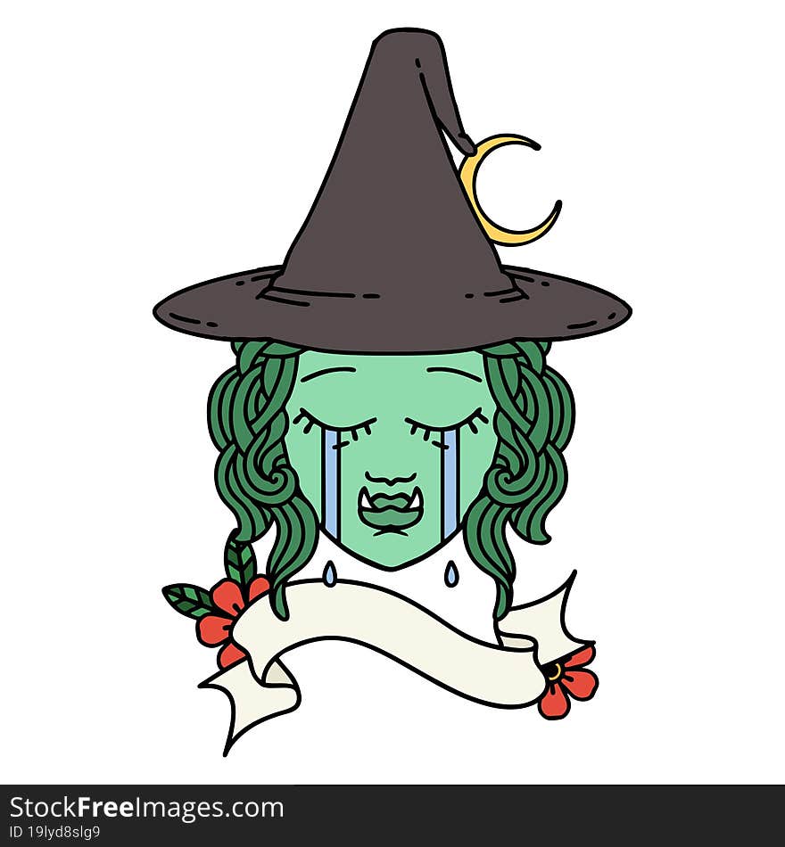 Retro Tattoo Style crying half orc witch character face. Retro Tattoo Style crying half orc witch character face