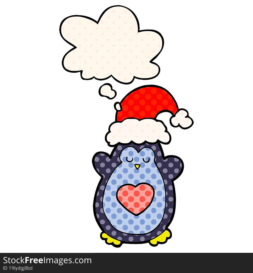 cute christmas penguin and thought bubble in comic book style