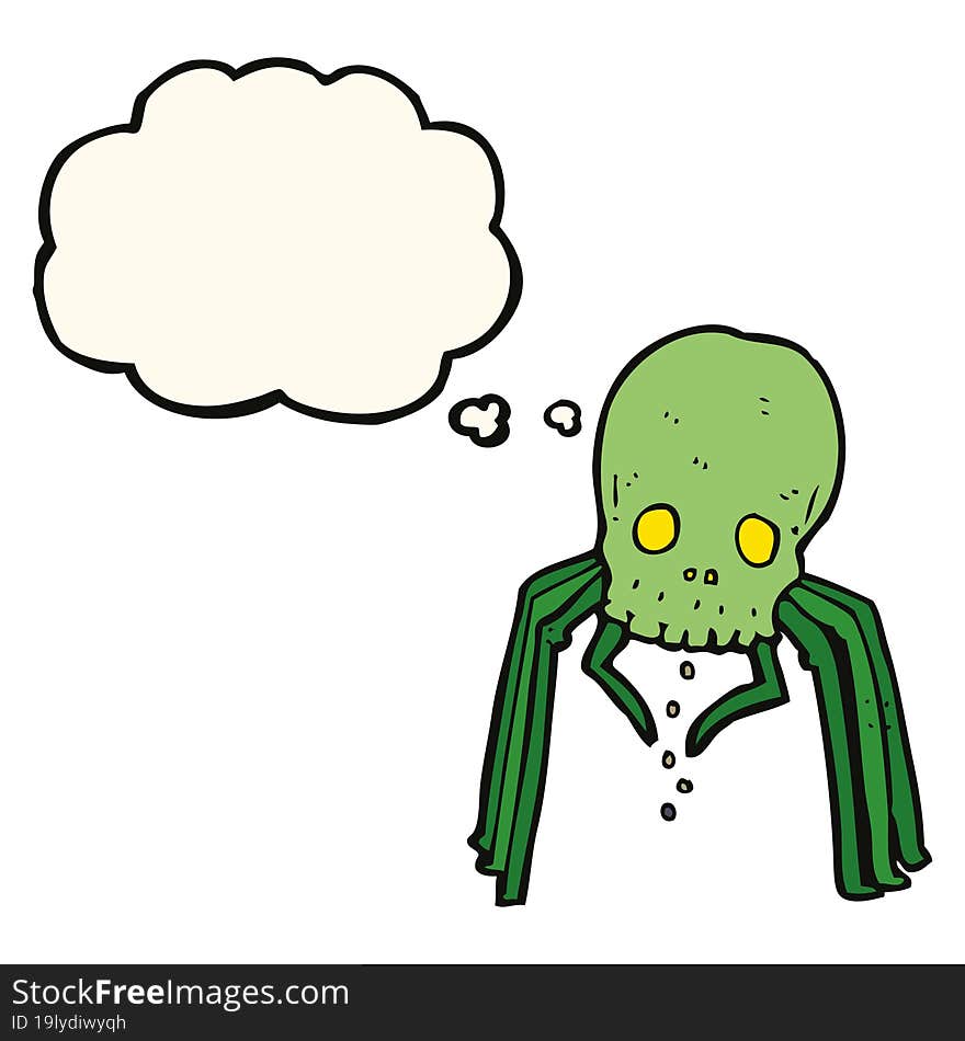 cartoon spooky skull spider with thought bubble