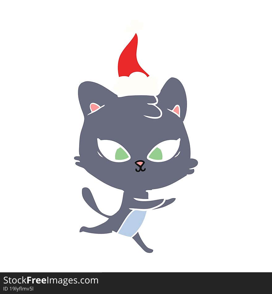 cute flat color illustration of a cat wearing santa hat