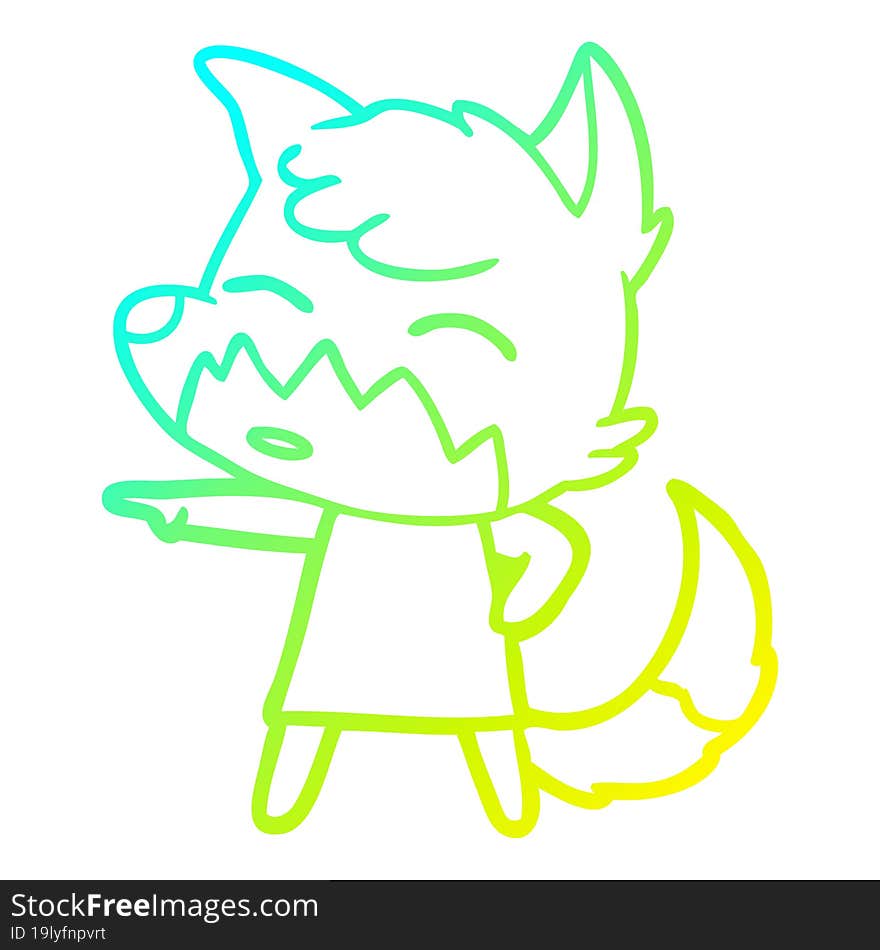 cold gradient line drawing of a cartoon fox in dress pointing