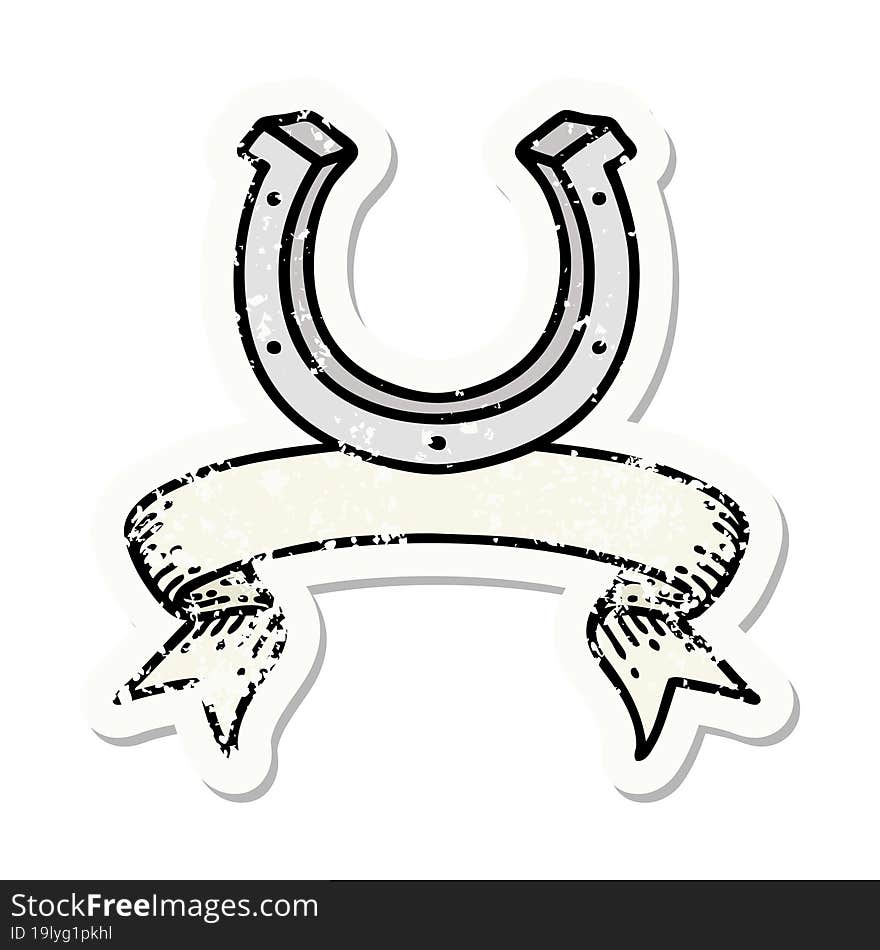 grunge sticker with banner of a horse shoe