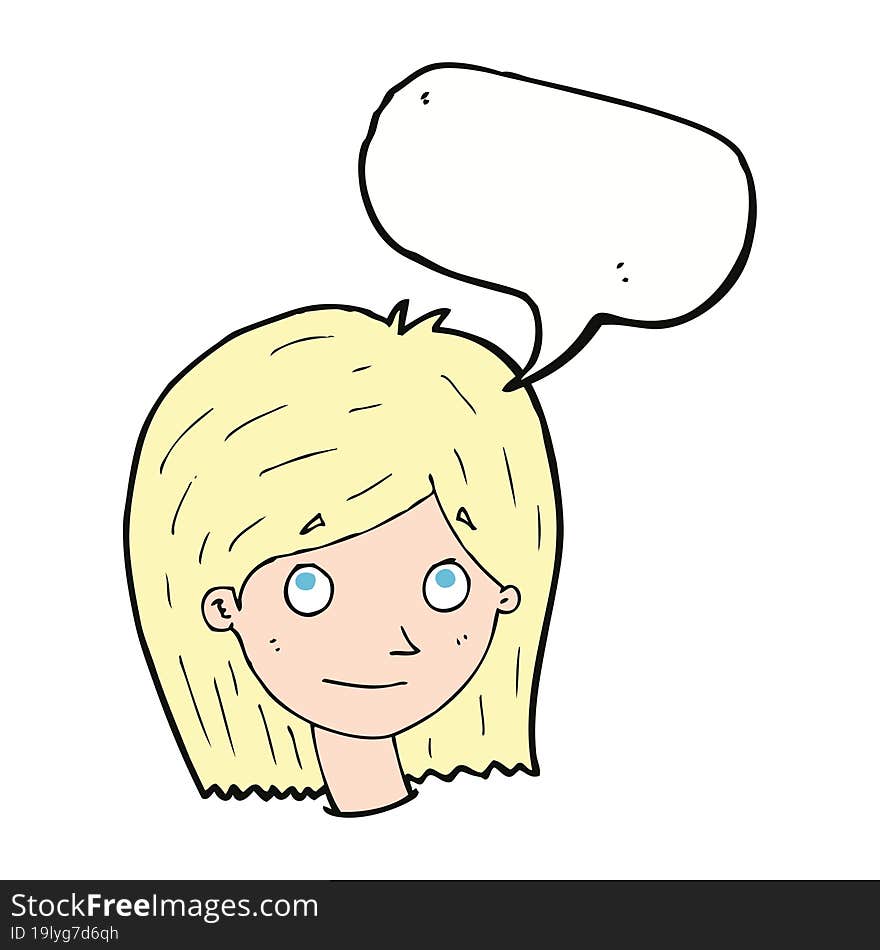 cartoon happy female face with speech bubble