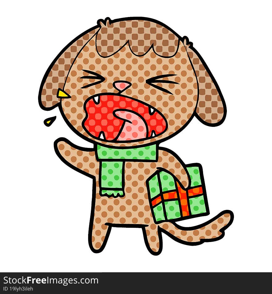 cute cartoon dog with christmas present. cute cartoon dog with christmas present