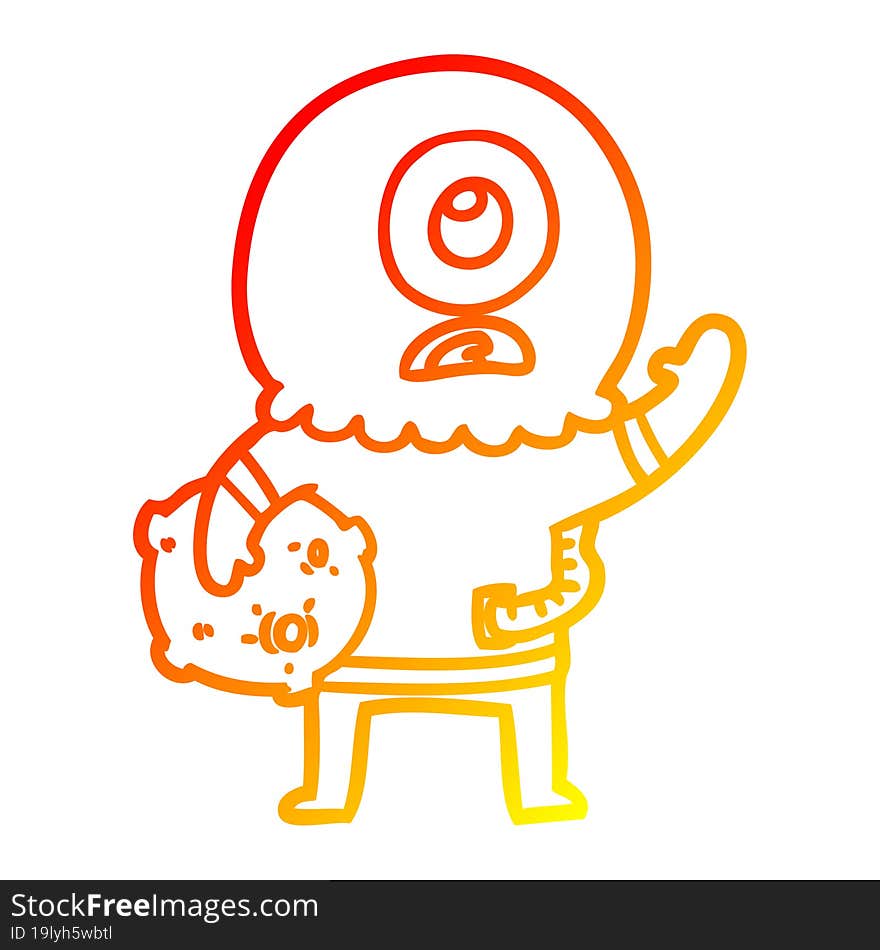 warm gradient line drawing of a cartoon cyclops alien spaceman waving