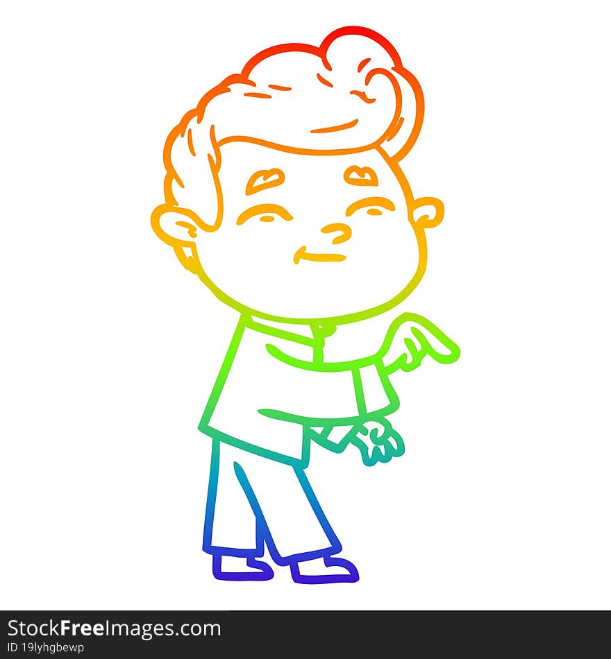 rainbow gradient line drawing of a happy cartoon man pointing