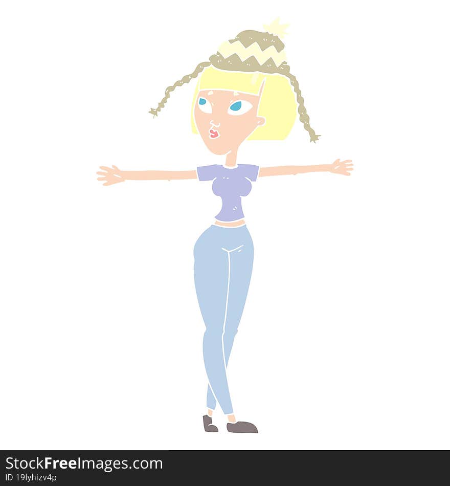 flat color illustration of a cartoon woman wearing hat