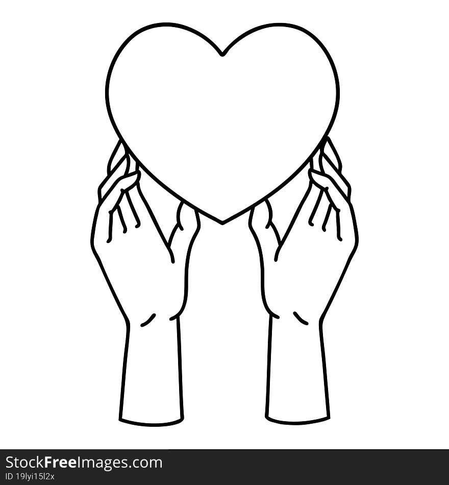 tattoo in black line style of hands reaching for a heart. tattoo in black line style of hands reaching for a heart