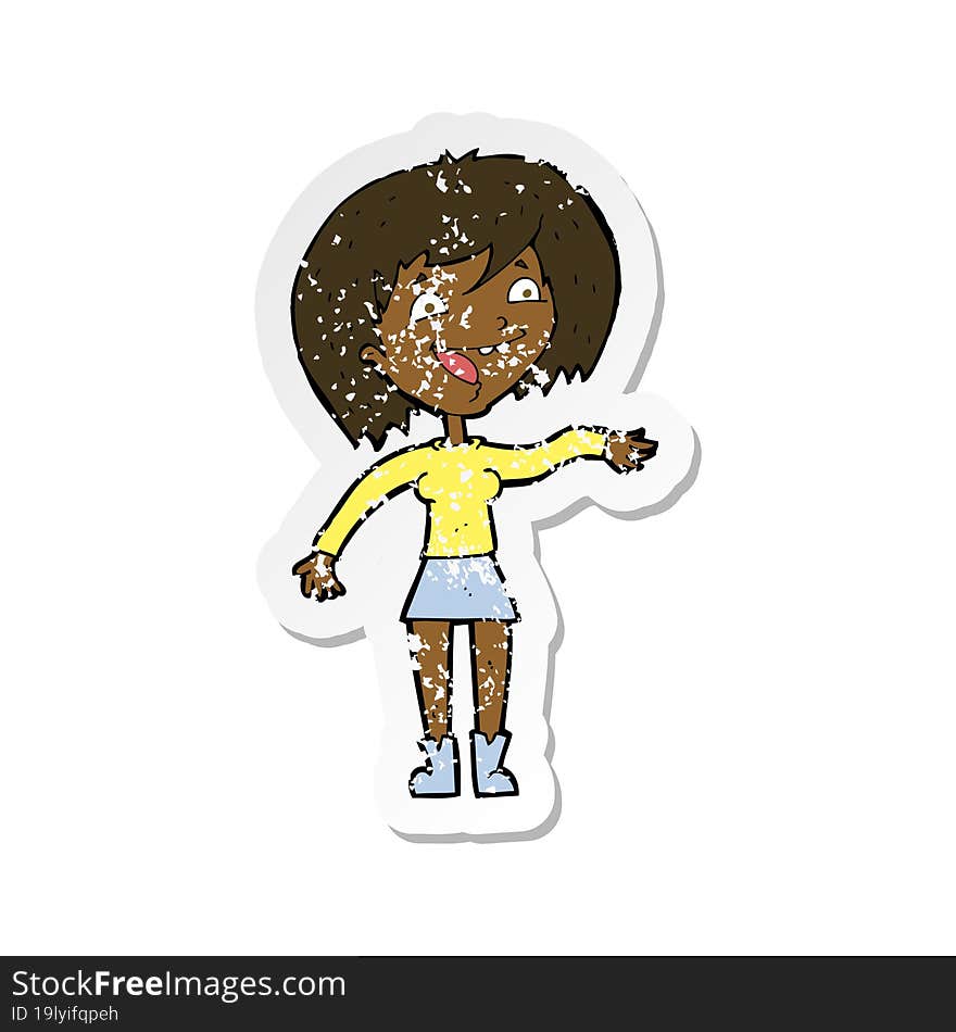 Retro Distressed Sticker Of A Cartoon Waving Woman