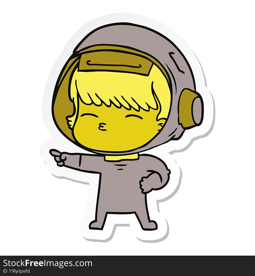 sticker of a cartoon curious astronaut pointing