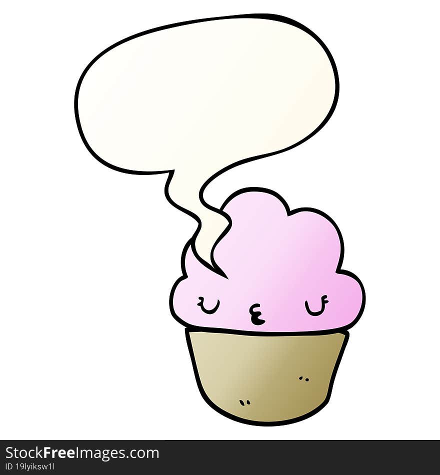 cartoon cupcake and face and speech bubble in smooth gradient style