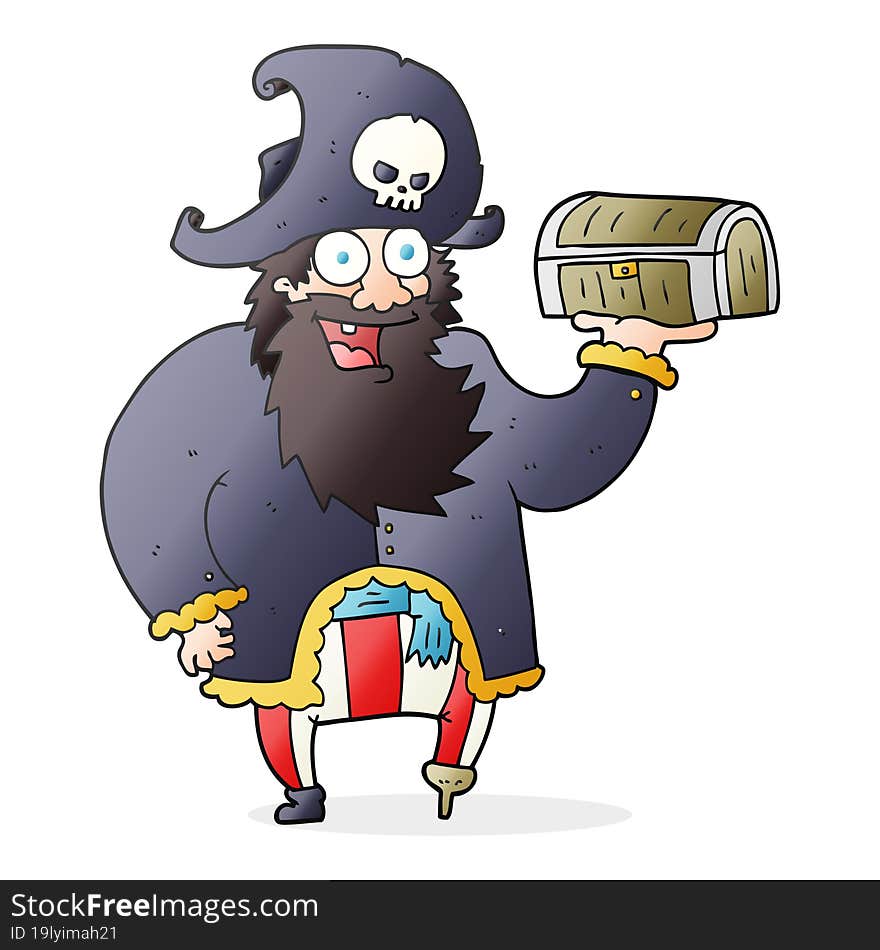 freehand drawn cartoon pirate captain with treasure chest