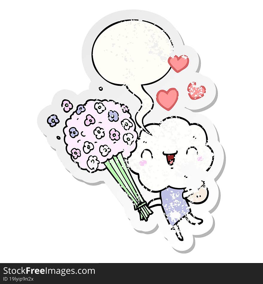 cute cartoon cloud head creature and speech bubble distressed sticker