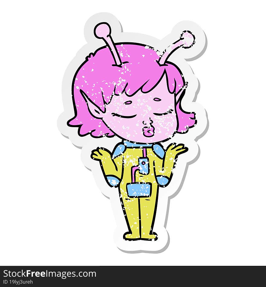 distressed sticker of a cartoon alien girl