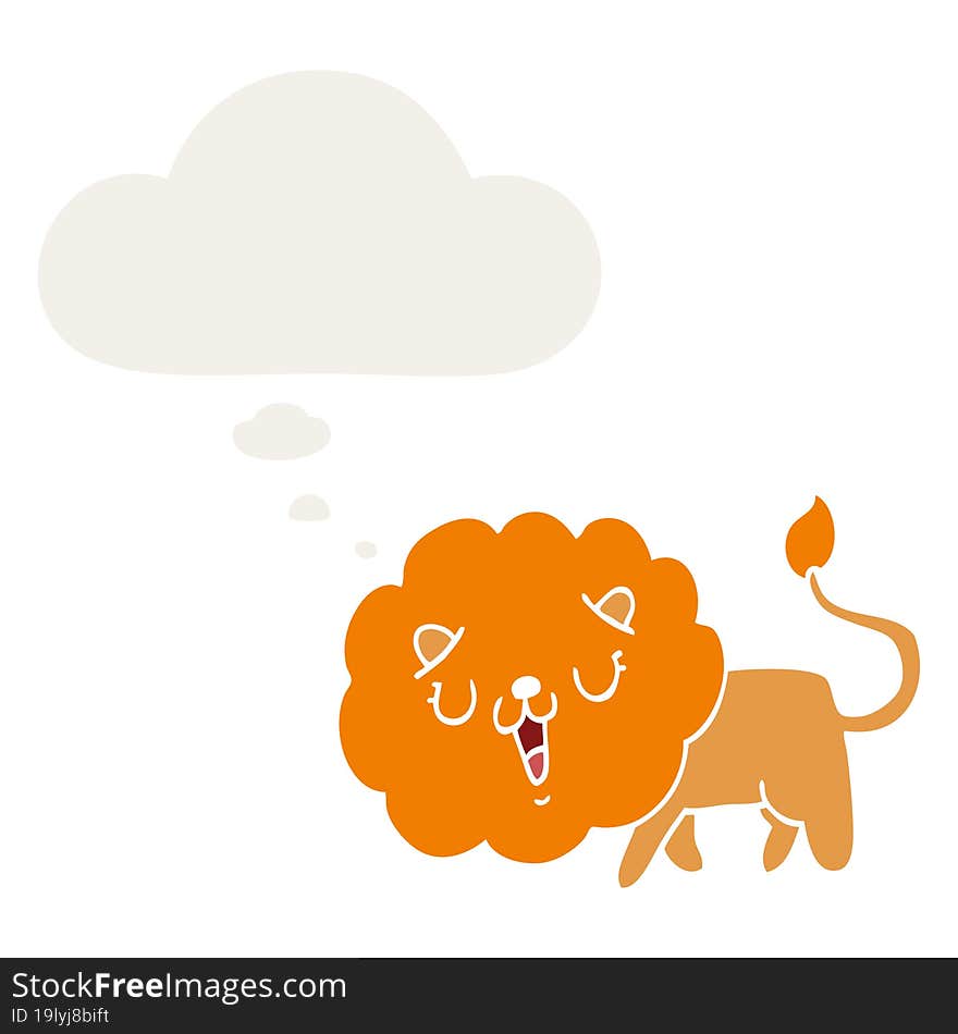 cute cartoon lion and thought bubble in retro style