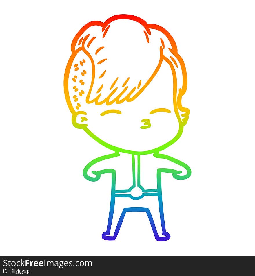 rainbow gradient line drawing cartoon girl wearing futuristic clothes