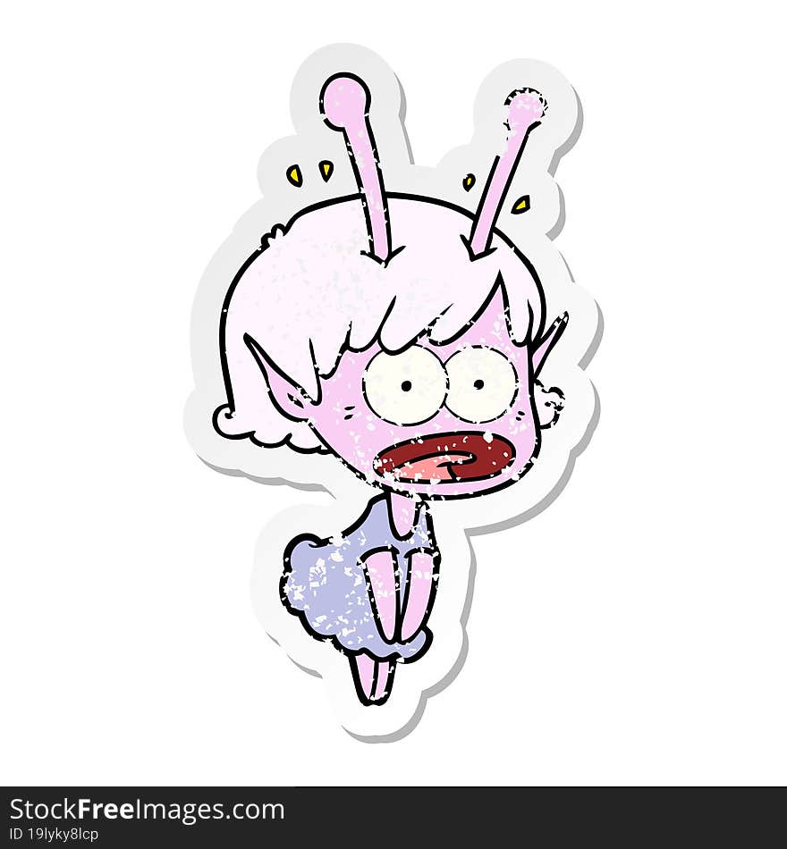 distressed sticker of a cartoon shocked alien girl