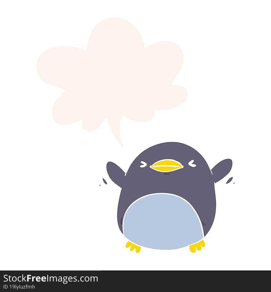 cute cartoon penguin flapping wings and speech bubble in retro style