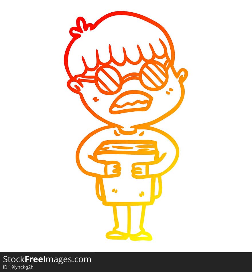 warm gradient line drawing cartoon boy hugging book wearing spectacles