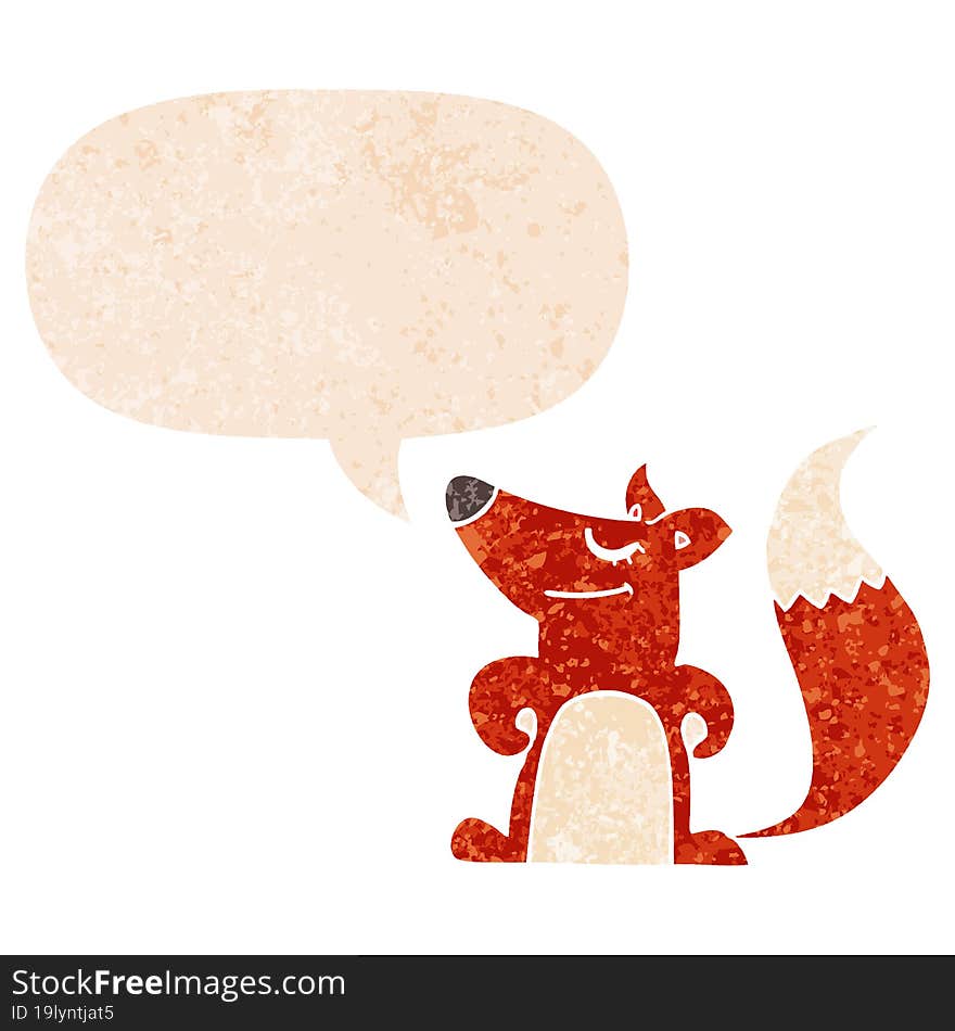 cartoon fox and speech bubble in retro textured style