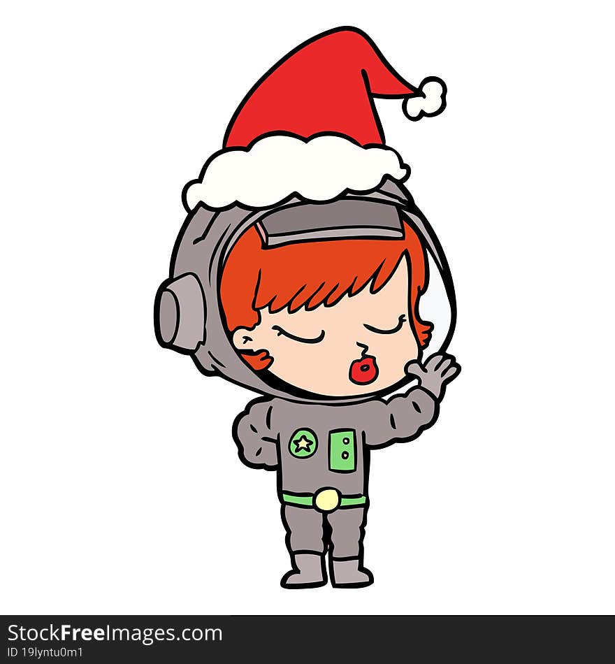 line drawing of a pretty astronaut girl wearing santa hat