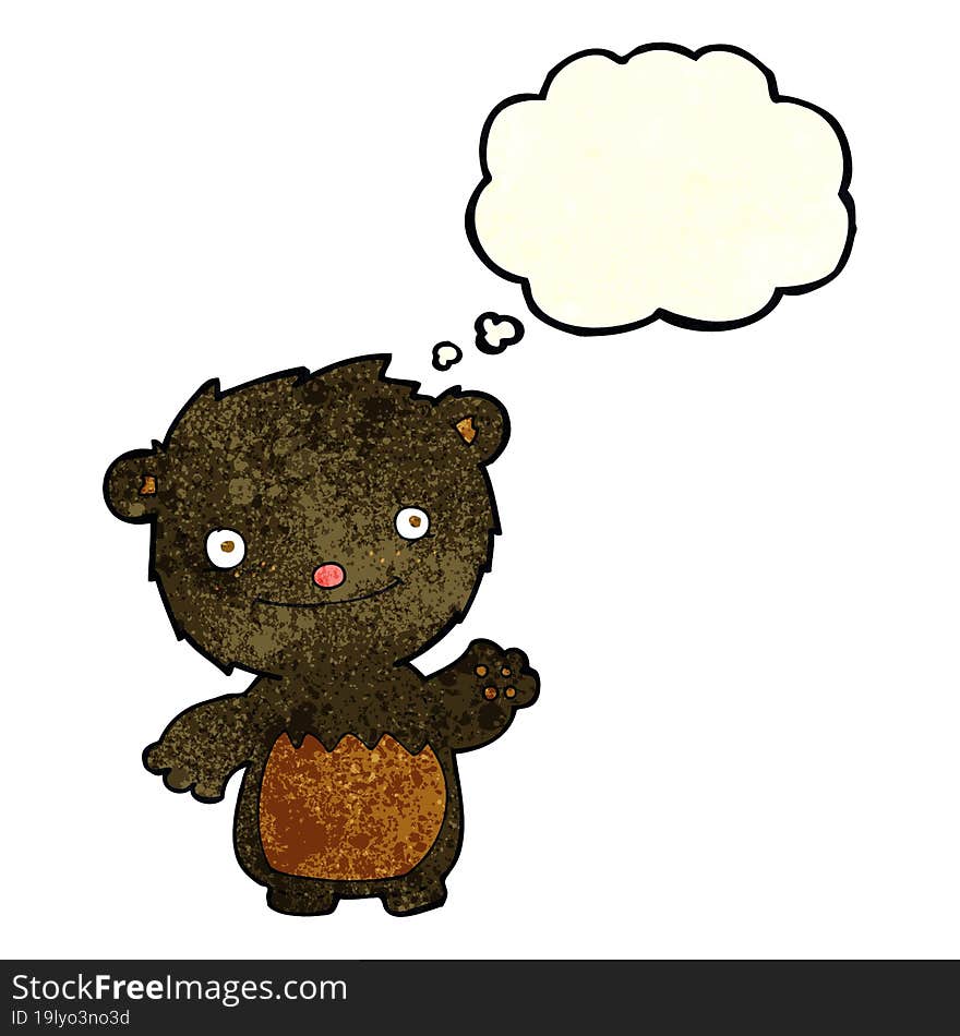 cartoon waving black bear cub with thought bubble