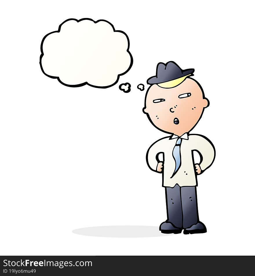 cartoon man wearing hat with thought bubble