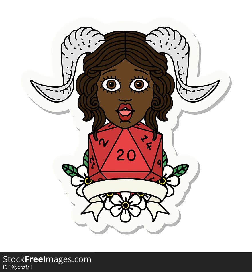 sticker of a tiefling with natural twenty dice roll. sticker of a tiefling with natural twenty dice roll