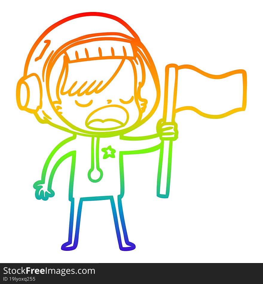 rainbow gradient line drawing cartoon astronaut woman waving flag