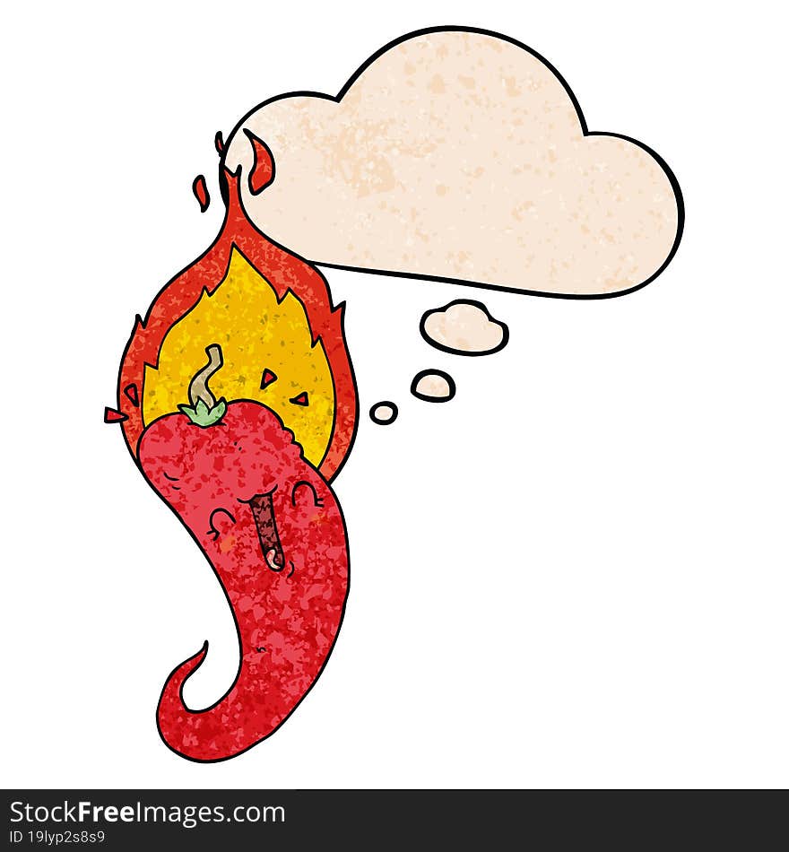 cartoon flaming hot chili pepper and thought bubble in grunge texture pattern style