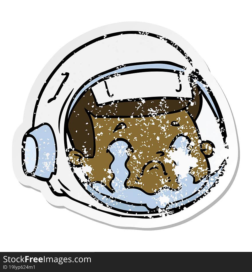 distressed sticker of a cartoon astronaut face crying