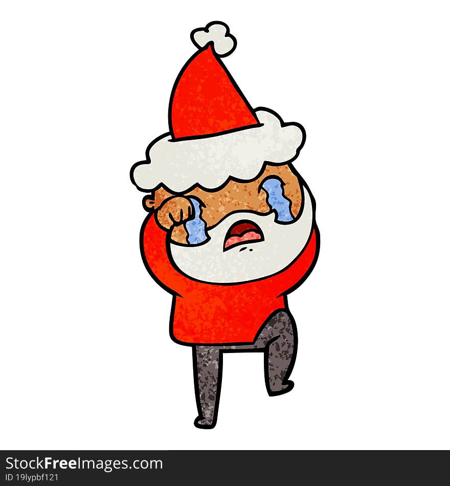 textured cartoon of a bearded man crying and stamping foot wearing santa hat