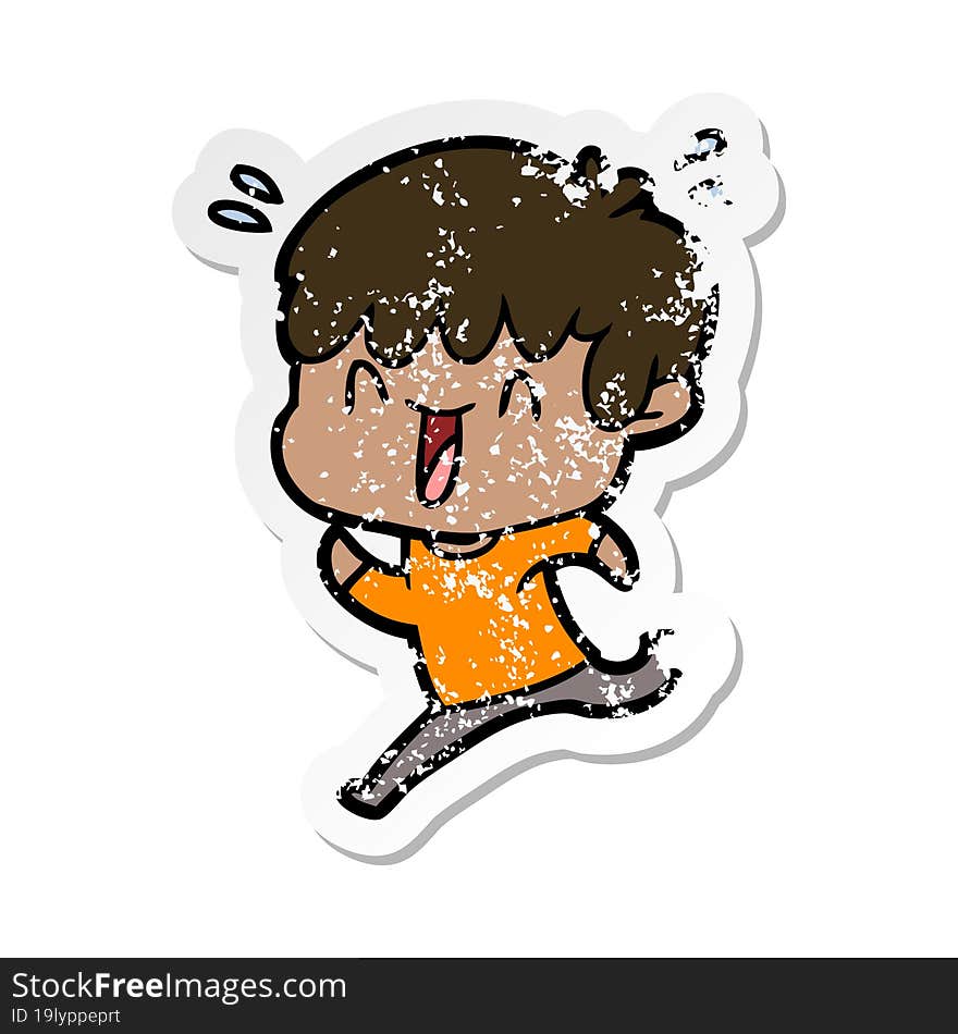 distressed sticker of a cartoon laughing boy